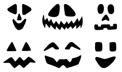 Halloween pumpkin faces icons set. Scary faces isolated on white background. Template for Halloween greeting card poster, brochure or flyer. Vector illustration