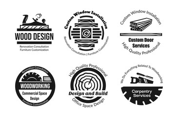 Carpentry service circle emblem set line monochrome vector illustration