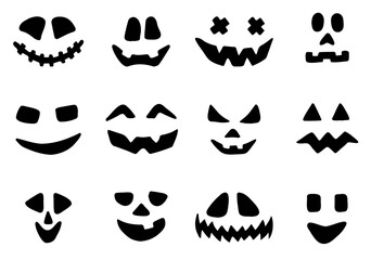 Fototapeta premium Halloween pumpkin faces icons set. Scary faces isolated on white background. Template for Halloween greeting card poster, brochure or flyer. Vector illustration