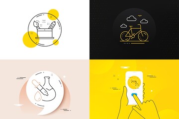 Minimal set of Chemistry experiment, Creativity concept and Genders line icons. Phone screen, Quote banners. Bike rental icons. For web development. Laboratory flask, Graphic art, Inclusion. Vector