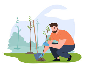 Man planting tree at garden vector flat male volunteer agricultural worker wood sapling