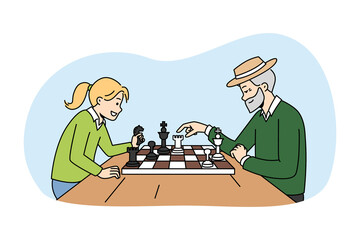 Mature grandfather playing chess with small girl. Happy elderly man enjoy board game with little child. Hobby and leisure time. Vector illustration. 
