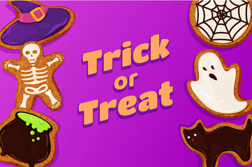 Trick or treat purple holiday banner decorative cookies vector illustration. Halloween poster