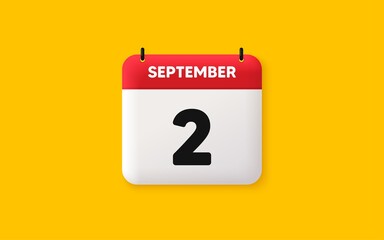 Calendar date 3d icon. 2nd day of the month icon. Event schedule date. Meeting appointment time. Agenda plan, September month schedule 3d calendar and Time planner. 2nd day day reminder. Vector