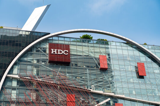 Seoul, South Korea - June, 2022: The exterior of IPARK Tower in Gangnam-gu, Seoul and the HDC signboard.