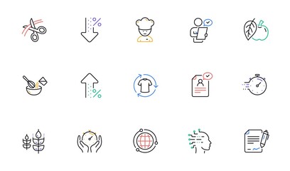 Chef hat, Customer survey, Approved application line icons. Scissors cutting, Artificial intelligence icons. Interest rate, gluten free. Linear set. Bicolor outline web elements. Vector