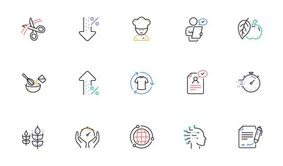 Fototapeta premium Chef hat, Customer survey, Approved application line icons. Scissors cutting, Artificial intelligence icons. Interest rate, gluten free. Linear set. Bicolor outline web elements. Vector