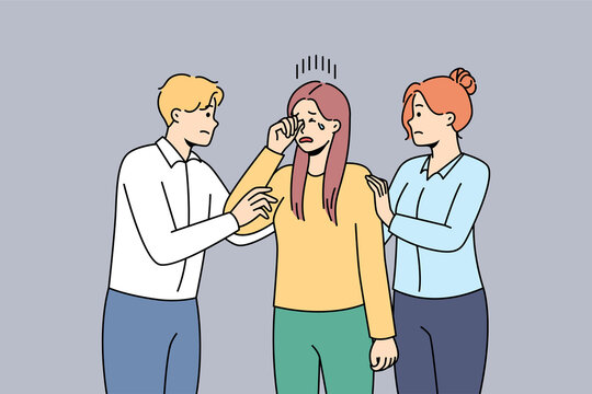 People Support Hug Unhappy Girl Crying Having Problems. Friends Comfort Feel Supportive And Caring To Upset Woman. Friendship And Help Concept. Vector Illustration. 