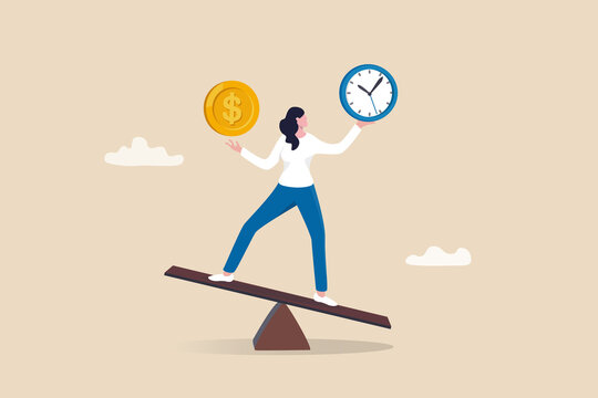 Time and money balance, weight between work and life, long term investment or savings, control or make decision concept, cheerful business woman balance between time clock and dollar money on seesaw.