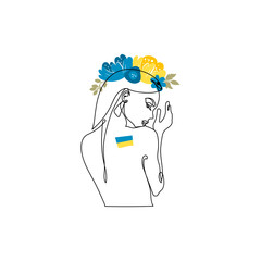 Woman in Ukrainian symbols. Art. Ukraine support concept. No war. Support for Ukraine. Vector illustration. Isolated, line art