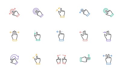 Touchscreen gesture line icons. Hand swipe, Slide gesture, Multitasking icons. Touchscreen technology, tap on screen, drag and drop. Linear set. Bicolor outline web elements. Vector