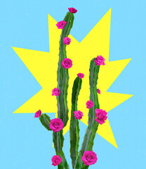 Contemporary art collage. Creative colorful design with blooming cactus isolated on blue background