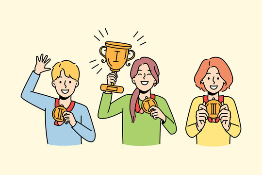 Happy children with medals on school competition on contest. Smiling kids with prizes celebrate win in championship. Vector illustration. 