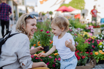 Young mother with her little daughter buying pot flowers in market in summer in city.