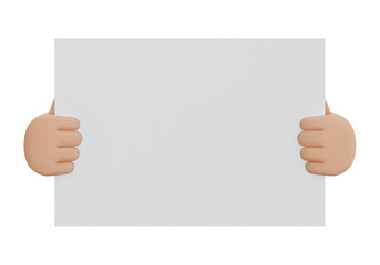 3D Rendering of Hand holding blank paper isolated on background. 3d render illustration cartoon style.