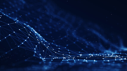 digital technology abstract concept and online cybersecurity data protection. Internet communication network connected polygon on dark blue background. front focus blur back. Big data.