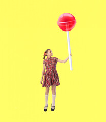 Contemporary art collage. Creative colorful design with little girl and big lollipop isolated on yellow background