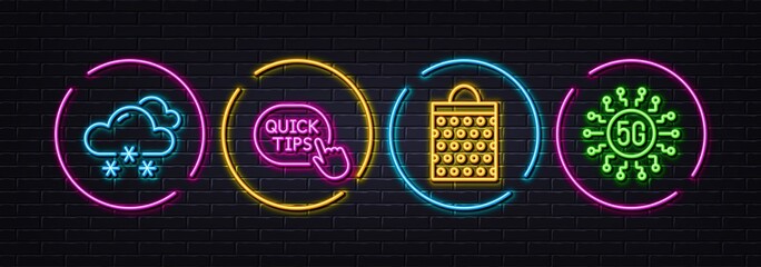 Snow weather, Shopping bag and Quick tips minimal line icons. Neon laser 3d lights. 5g technology icons. For web, application, printing. Snowflake, Paper package, Helpful tricks. Vector