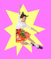 Contemporary art collage. Creative colorful design with woman in pizza skirt dancing isolated on pink background