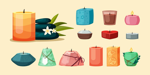spa candles. colored relax wax aroma candles for interior decoration aromatherapy items. Vector cartoon template isolated