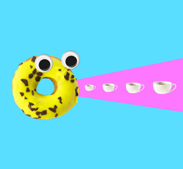 Contemporary art collage. Creative colorful design with donut and coffee cups isolated on blue background