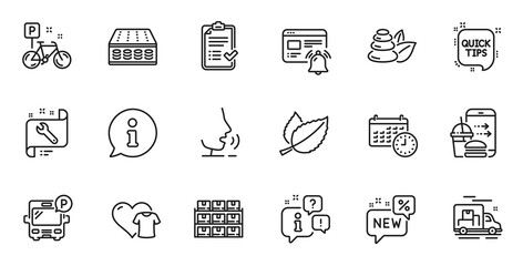 Outline set of Spanner, Spa stones and Mint leaves line icons for web application. Talk, information, delivery truck outline icon. Include Info, Internet notification, Calendar icons. Vector