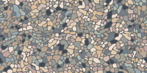 Seamless pebble mosaic organic floor pattern. Vector background. Tile decoration for path, wall and paving. Design of kitchen, bathroom, outdoor. Repeating texture