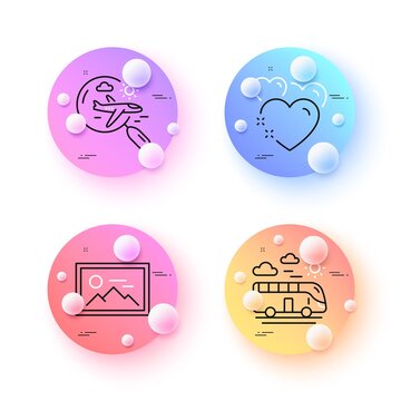 Bus travel, Search flight and Heart minimal line icons. 3d spheres or balls buttons. Photo icons. For web, application, printing. Transport, Airplane trip, Love. Image placeholder. Vector