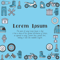 Moto - card with text and vector color illustrations of motorcycle, engine, wheel, helmet and other parts and accessories symbols for graphic design