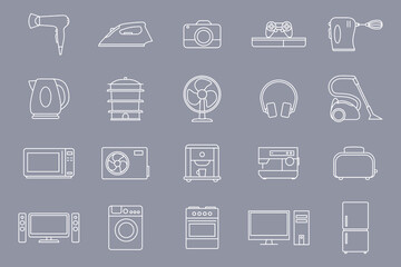 Electronics Icons set - Vector outline symbols of camera, computer, washing machine, television and other appliances for the site or interface