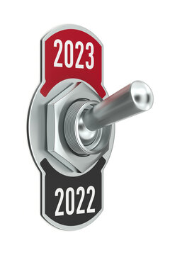 2023 new year. Toggle switch on white background. Isolated 3D illustration