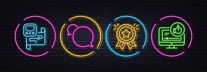 Messenger, Loyalty award and Metro map minimal line icons. Neon laser 3d lights. Like video icons. For web, application, printing. Speech bubble, Bonus medal, Transit station. Thumbs up. Vector