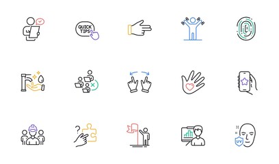 Obraz na płótnie Canvas Customer survey, Engineering team and Favorite app line icons for website, printing. Collection of Social responsibility, Uv protection, Fingerprint icons. Leadership, Click hand. Vector