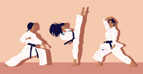 Karate woman fighter in kimono. Set of karate poses. Girl self defense skills. Girl in White Kimono. Flat Vector Illustration © Mr. Good