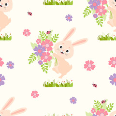 Seamless rabbit pattern. Cute bunny with bouquet and ladybug on white background with flowers and grass. Vector illustration. Summer pattern with happy hare for design, baby collection, packaging