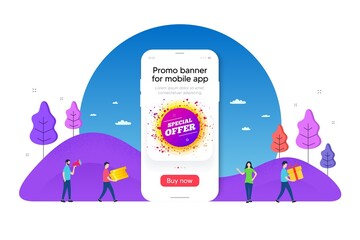 Special offer sticker. Phone ui interface banner. Discount banner shape. Sale coupon bubble icon. Mobile smartphone promo banner. Special offer tag. Man with gift box. Vector