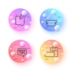 Fake document, Ice cream and Painting brush minimal line icons. 3d spheres or balls buttons. Quick tips icons. For web, application, printing. Wrong truth, Sundae cup, Graphic art. Vector