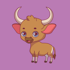 Illustration of a cartoon banteng on colorful background