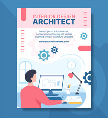 Architect or Engineer Poster Template Flat Cartoon Background Vector Illustration
