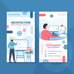 Architect or Engineer Card Vertical Template Flat Cartoon Background Vector Illustration