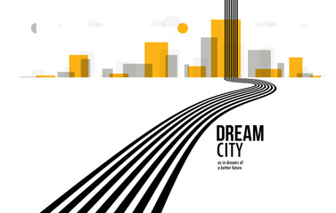 Future city on a horizon with highway road fast going to it vector abstract background, metropolis skyline with speed highway, road to town. © Sylverarts