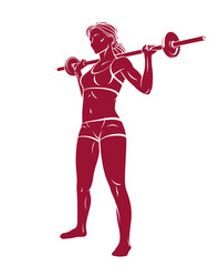 Young attractive woman with perfect muscular body training with a barbell vector illustration isolated, sport exercises active lifestyle.
