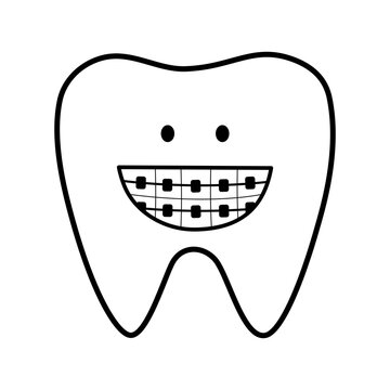 recommend clip art: Cute tooth with orthodontic bracket cartoon character line art vector. Dental orthodontic treatment black and white.