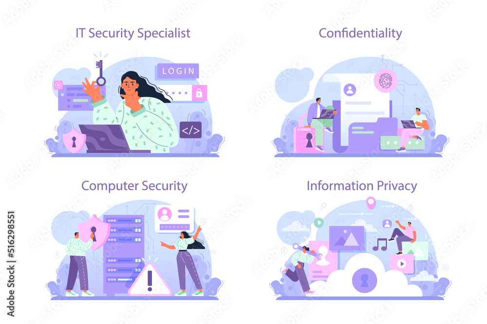 Poster cyber or web security specialist set. digital data and database safety.