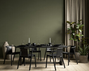 Green interior with dining table, plants and decor. 3d render illustration mockup.