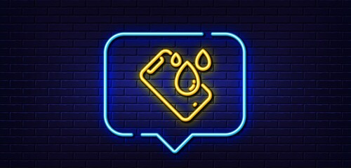 Neon light speech bubble. Smartphone waterproof line icon. Phone sign. Mobile device symbol. Neon light background. Smartphone waterproof glow line. Brick wall banner. Vector