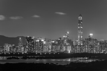Night scenery of skyline of Shenzhen city, China. Viewed from Hong Kong border