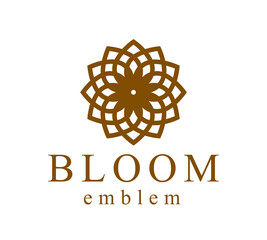 Geometric linear style vector flower logo or emblem isolated on white, sacred geometry floral symbol line drawing emblem, blossoming flower hotel or boutique or jewelry logotype.