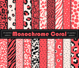 Set of seamless patterns in monochrome coral red colour  with animal fur texture 