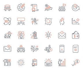 Business icons set. Included icon as Leadership, Full rotation and Fireworks rocket web elements. Puzzle game, Scroll down, Airplane travel icons. Settings gear, Brand ambassador. Vector